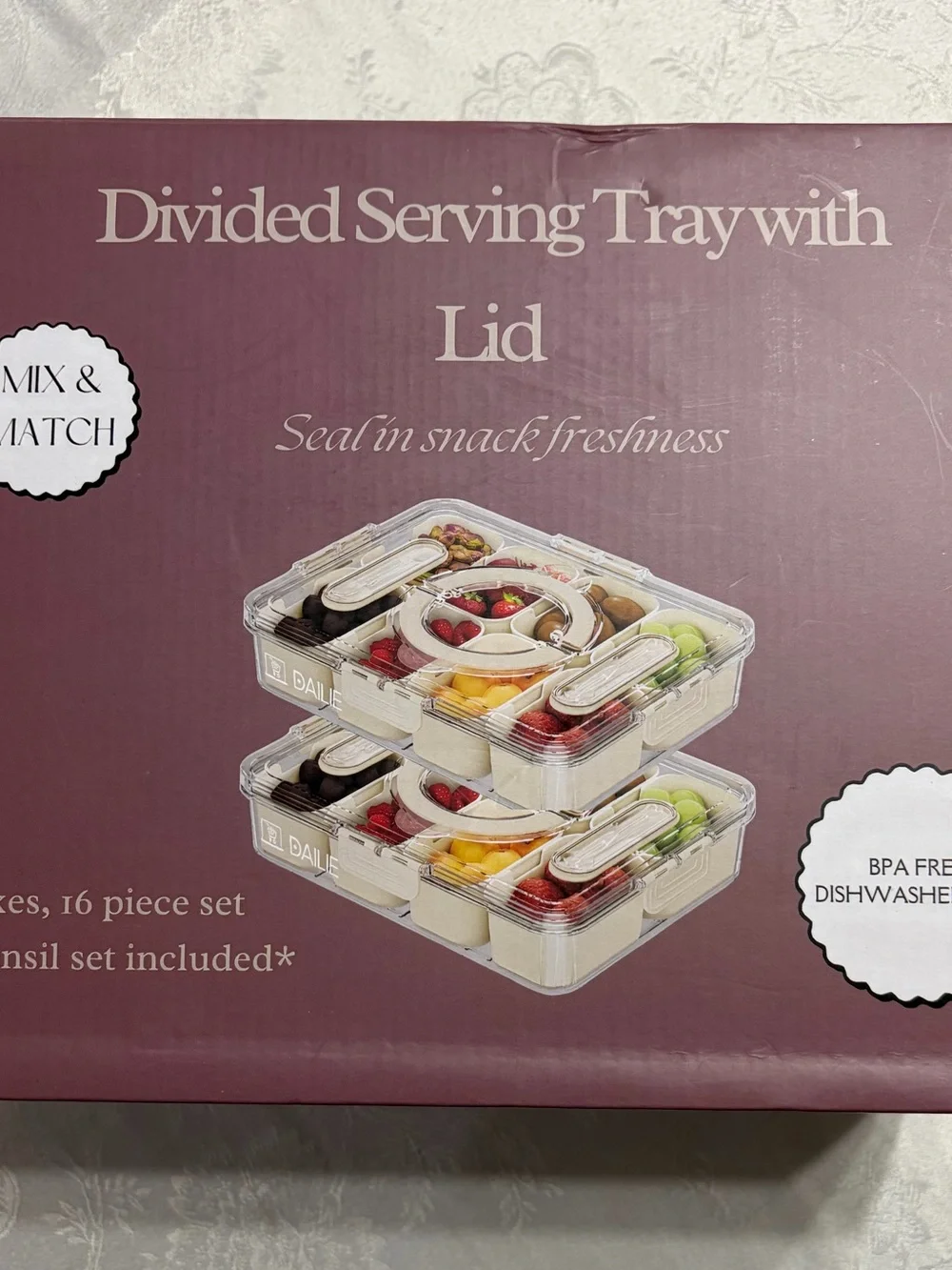Divided Clear Snack Box; Serving Tray w/ Lid & Handle & Utensils 16 pc set
